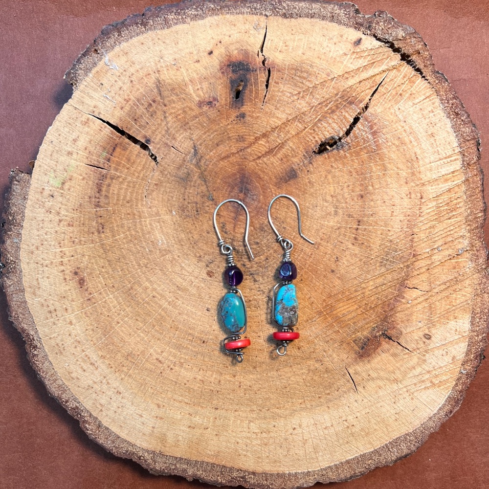 Turquoise, amethyst, dyed coral and sterling earrings